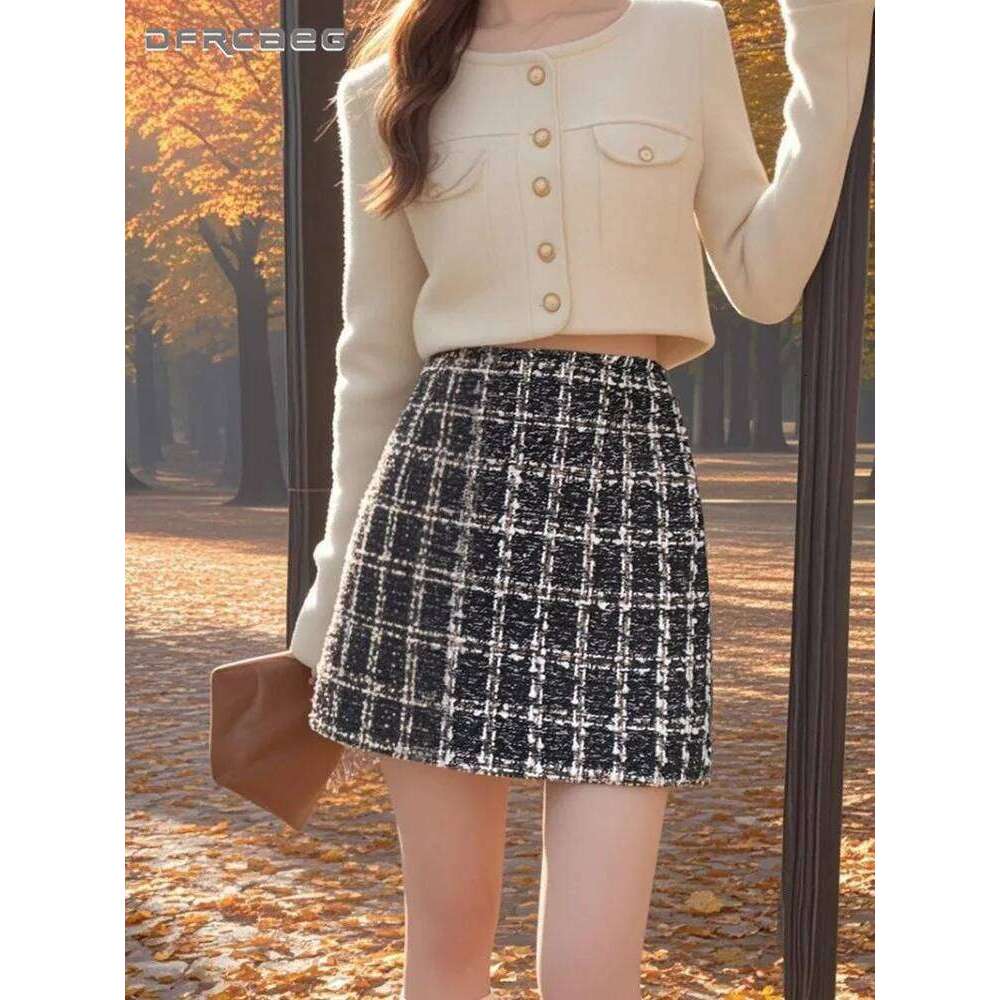 Autumn Winter Vintage Tweed Pencil Skirt For Women High Waist Retro Plaid Chic Style Slim A-Line Short Skirts Lady Z260314