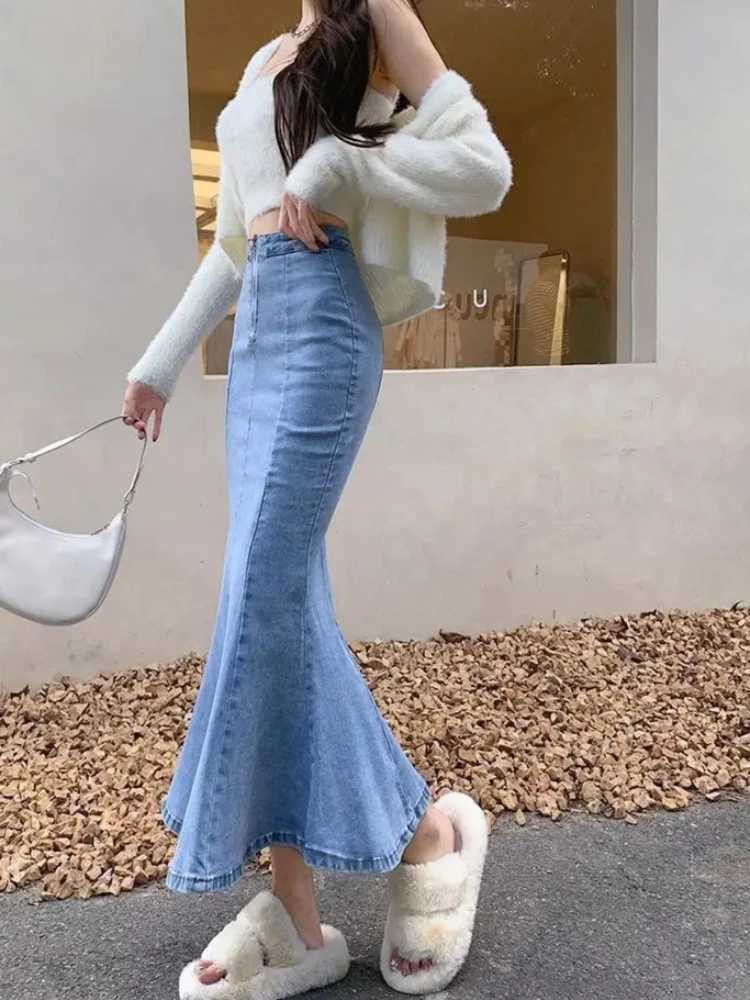 2026 Solid Slimming High Waist Midi A- Line Skirt Woman Trumpet Sides for Women Denim Half-length Skirt with Flounce M260314