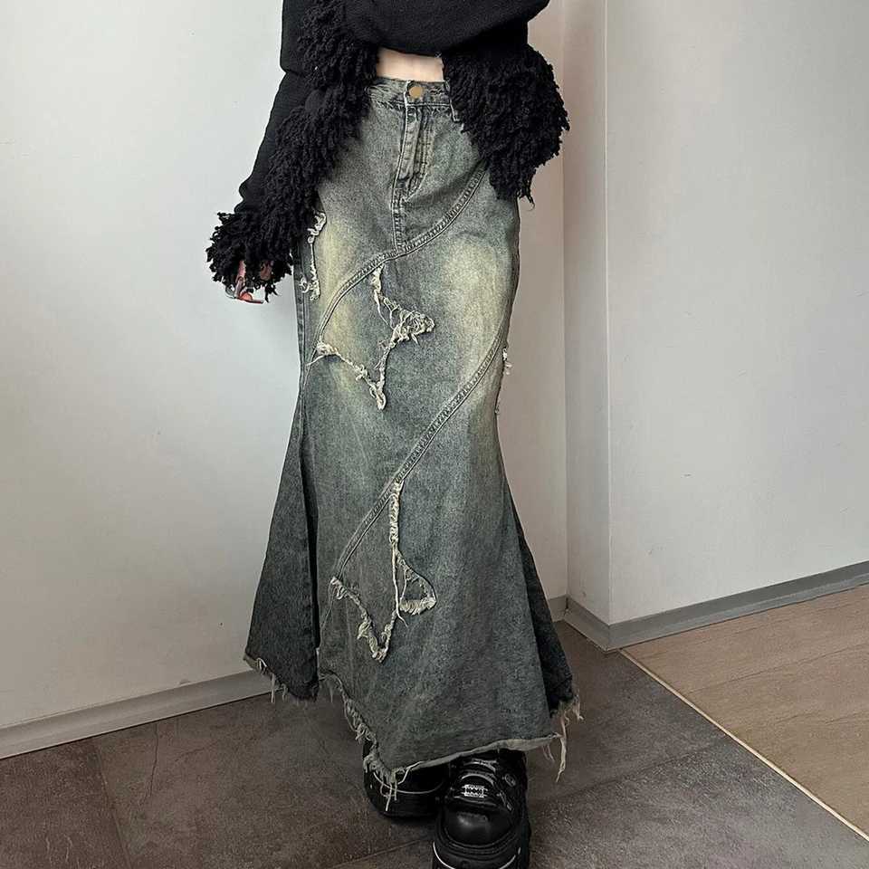 SUCHCUTE Y2k Patchwork Denim Long Skirt Women Retro Slim Ripped Mid-Waisted Mermaid Hem Skirts Fashion Tassel Irregular Skirt M260314