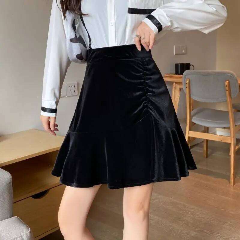 Harajuku Autumn Winter Golden Velvet Women's Solid Elastic High Waist Ruffles Pleated Fashion Slim A-line Fishtail Short Skirt Z260314