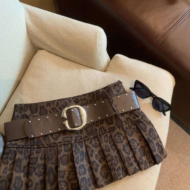 Sexy Leopard Print High Waist Anti-light Pleated Y2k Spice Girl Short Skirt with Belt Z260314