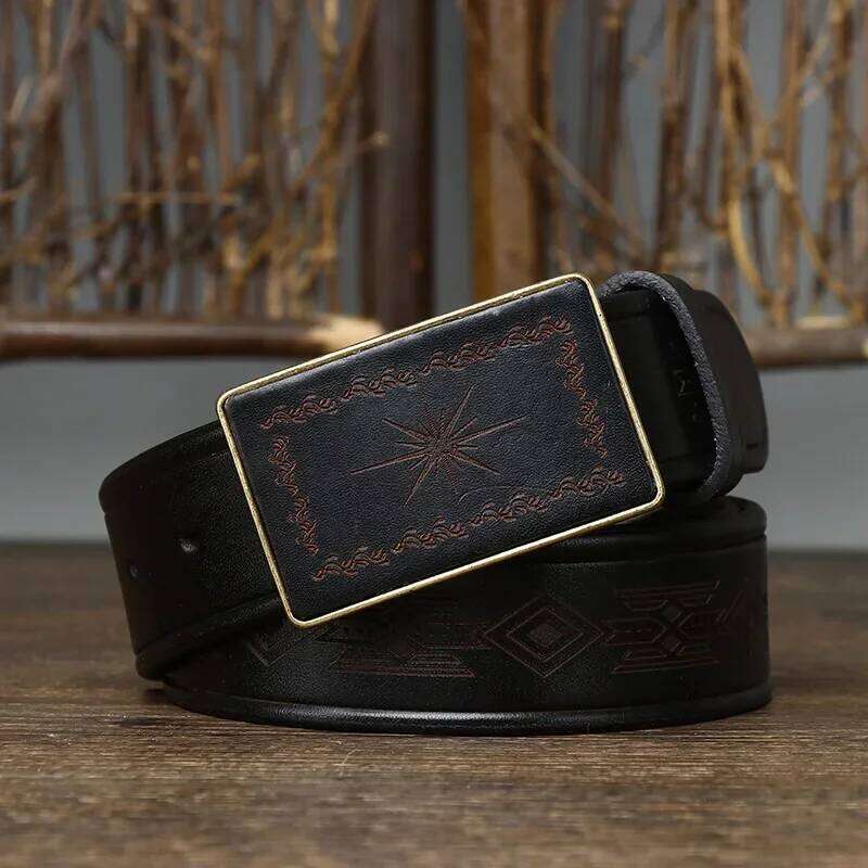 Men Retro Handmade Genuine Leather Fashionable Vintage Carving Pattern Smooth Buckle Belts Male Jeans Waistband Belt Z260226