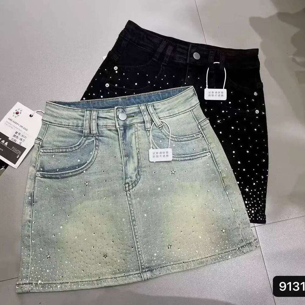 Starry Hot Rhinestone for Women Summer New Retro Slimming a-Line Sheath Denim Skirt Z260314