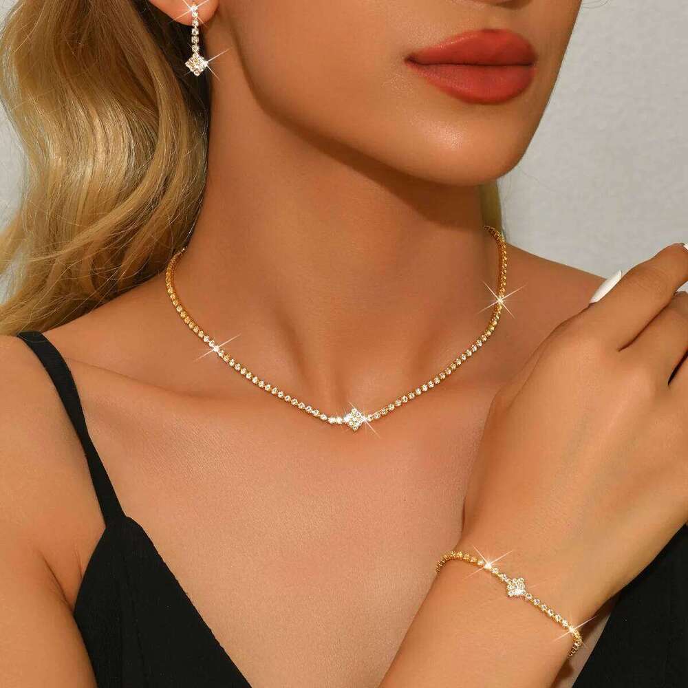 European and American Cross-Border Bridal Jewelry Set, Wedding Banquet Dress Accessories, Earrings, Bracelet, Necklace, Women's Three-Piece Set Z