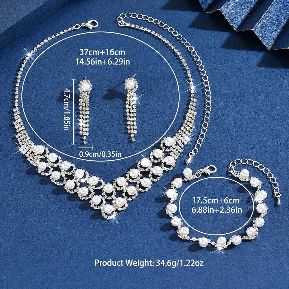 Vintage Pearl Rhinestone Jewelry Set Women's Necklace Earrings Bracelet 3Pcs Choker Party Wedding Formal Accessories Z260313