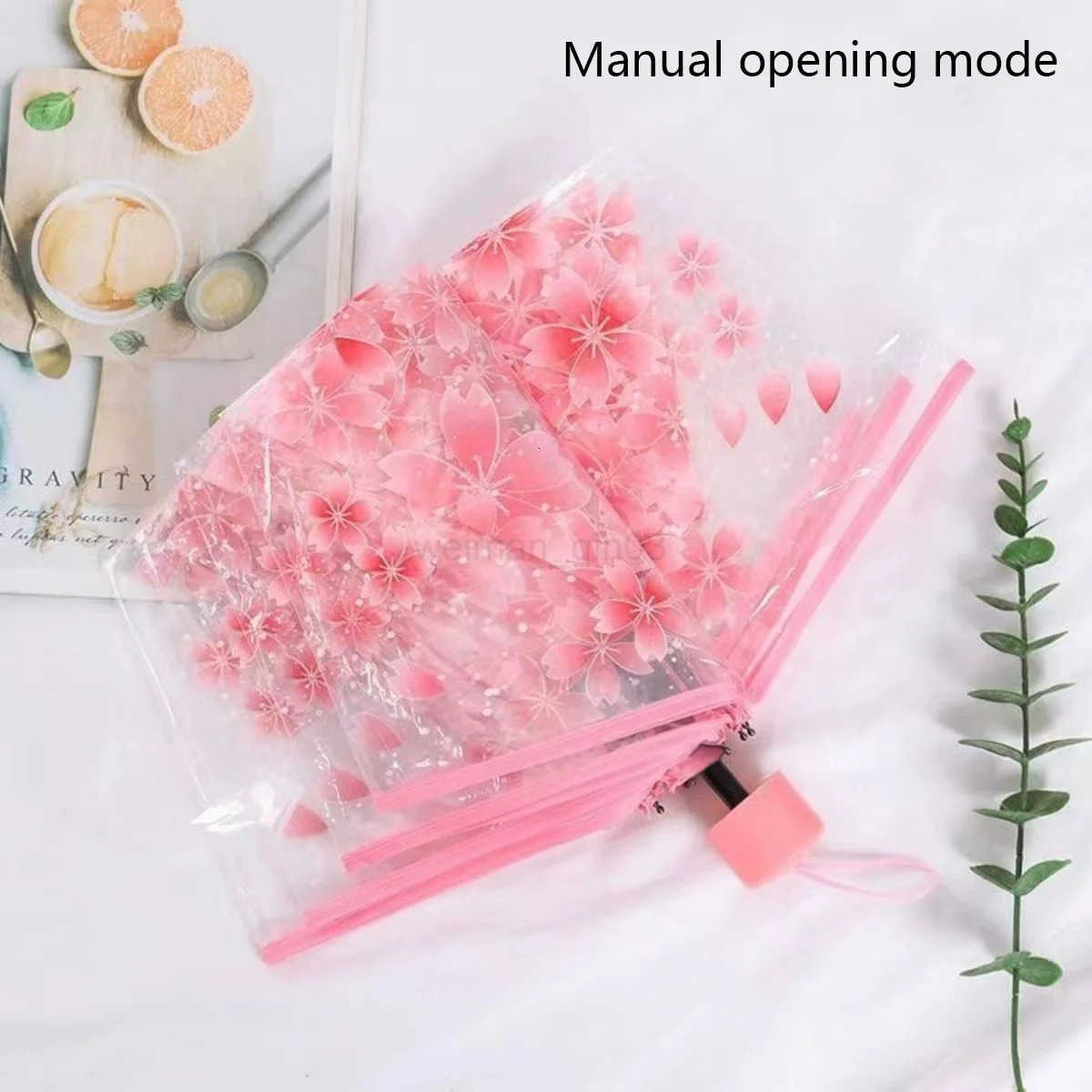1pc Transparent umbrella windproof and rainproof cherry blossom girl umbrella PVC portable cute flower home rain gear H260314