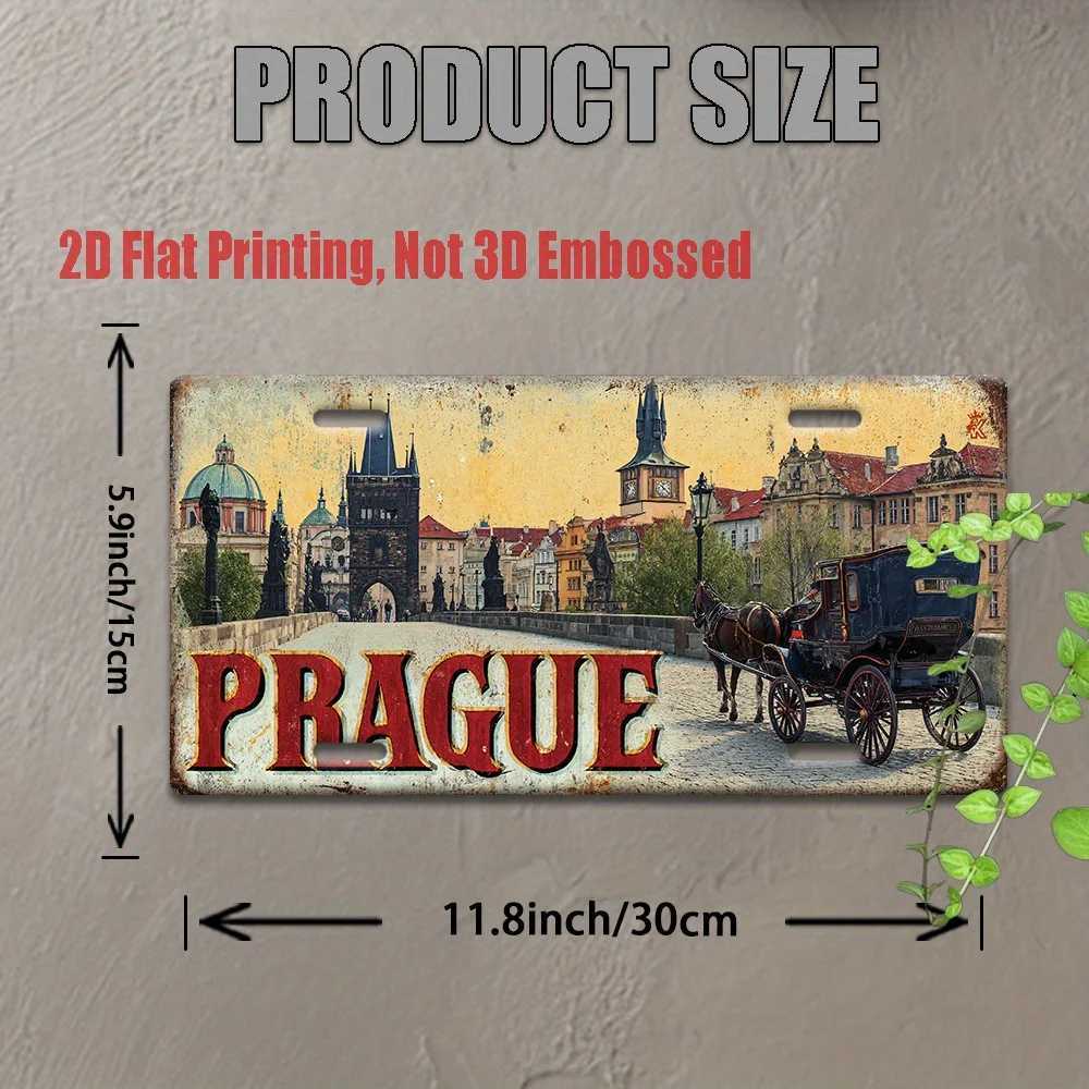 Printing Vintage Metal License Plate Outdoor Wall Art PRAGUE Aluminum Sign with Historic City and Horse Carriage Scene D260314
