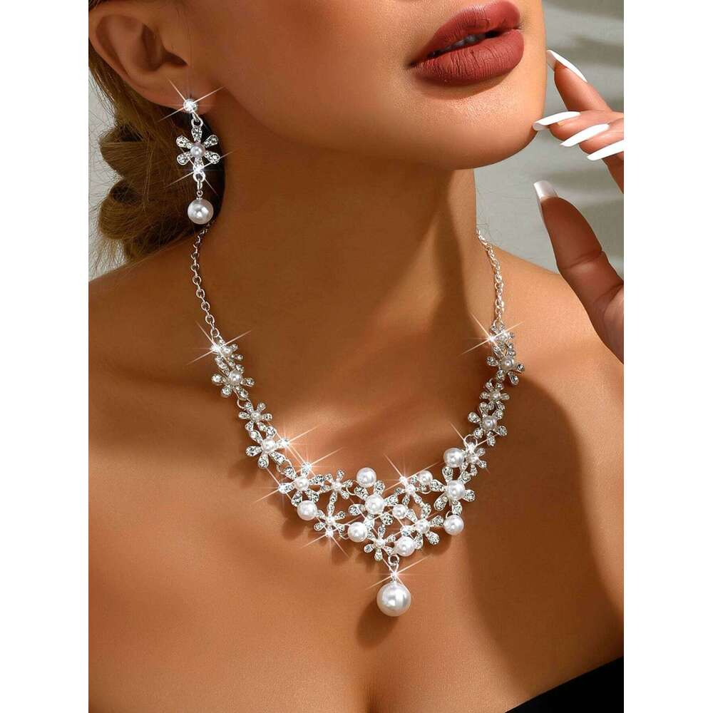 3PC women's fashionable design imitation pearl earrings necklace jewelry set, suitable for weddings, banquets, parties, holiday Z260313