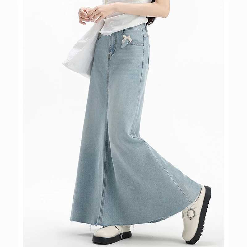 Summer Female Retro Casual High Waist Jeans Skirts New Fashion Women Mid-Long Denim Skirts s Chic Korean Denim Dress M260314