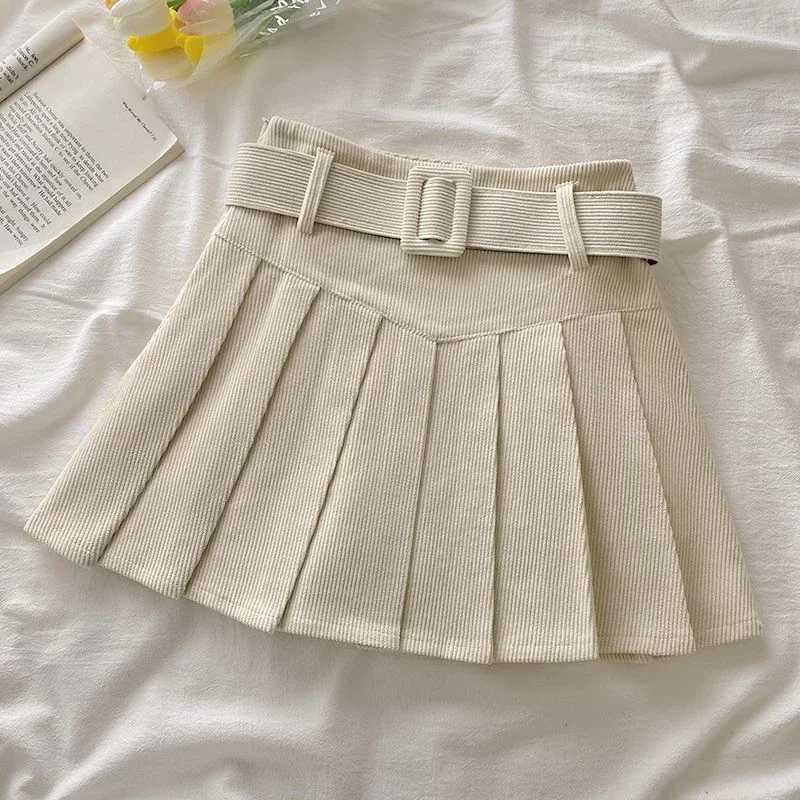 Cord Belted Pleated Skirt Texture Corduroy Box Pleat Mini Skirt wiTH Belt Women Teen Academy School Autumn Winter Outfit M260314