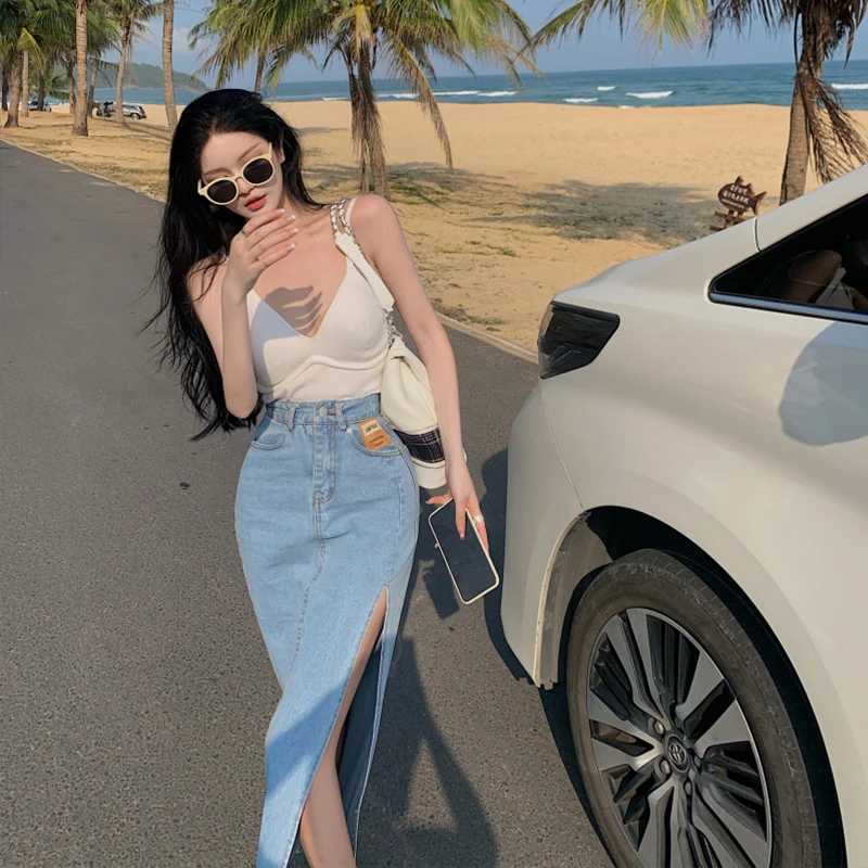 Sexy A-Line Denim Skirt Womens Spring Autumn High Waist Side Split Long Slimming Bodycon Skirt Korean Sle Commute M260314