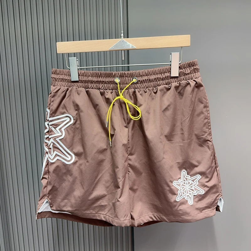Nylon Fabric Embroidery Snowflake V-shape Shorts Men Women Mesh Quick Dry Brathable Black Brown Green Gray Shortpant 260311