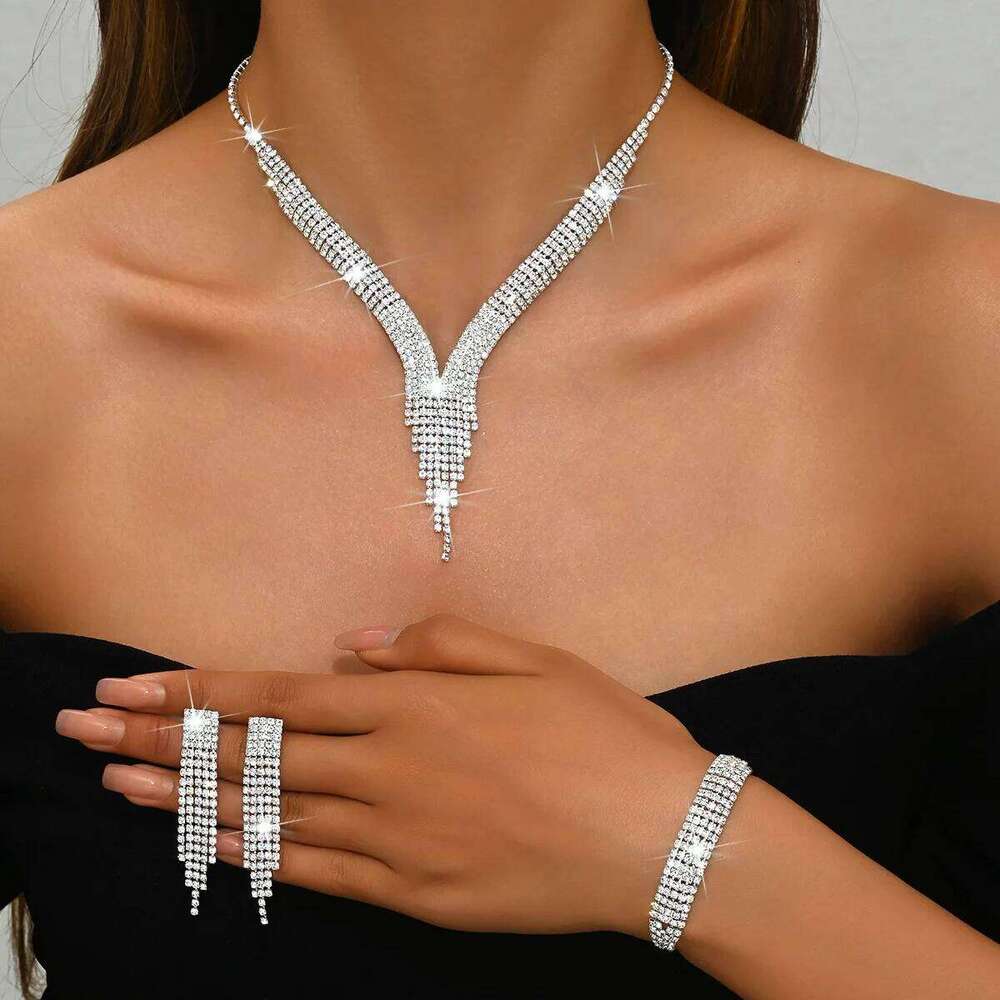 4PC Women's Fashion Geometric Tassel Necklace Earrings Bracelet Jewelry Set Suitable for Wedding, Party, Festival Gifts-8538 Z260313