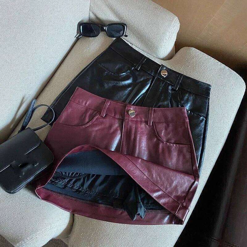 Wine Red PU for Women Sexy Clubwear Hip-Wrapped Leather Mini Skirt Female Spring Autumn Anti-Glare Short Skirts Z260314