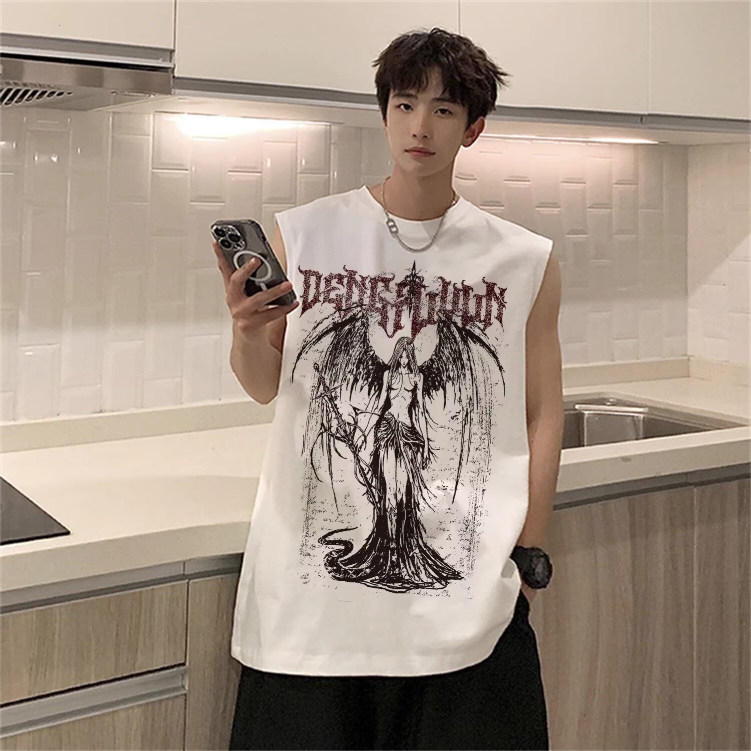 European And American Casual Street Cartoon Hiphop Trendy Loosefitting Angel Wings Print Designer Hoodie Designer T-shirt Crew Neck For Polo Men Fashionable And