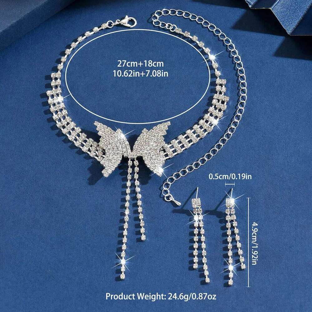 2026 Bling Rhinestone Butterfly Choker Necklace & Earrings Set Women's Tassel Collar Party Jewelry Y2K Sparkling Accessories Z260313