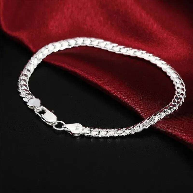 925 Sterling 6mm 18cm Flat Side Chain Lobster Clasp For Woman Man Wedding Engagement Jewelry Silver Bracelet Z260313