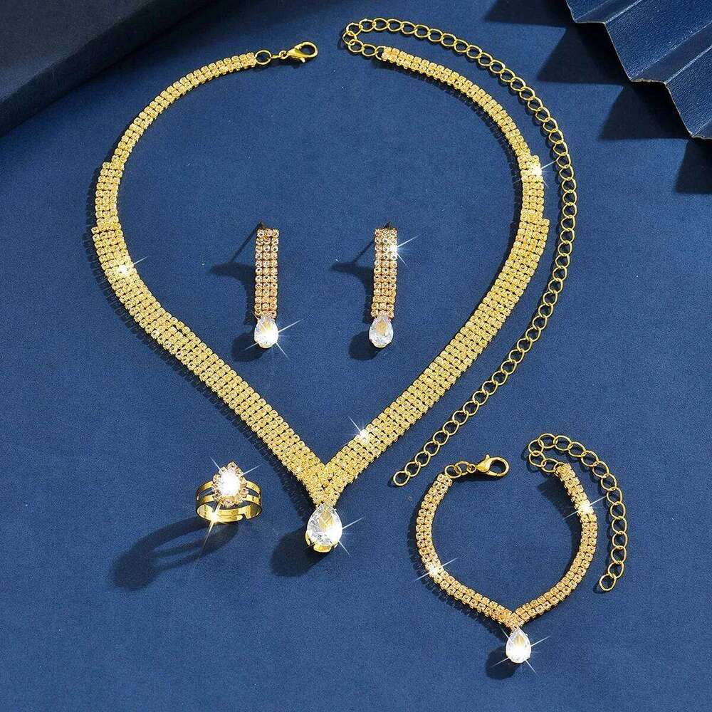 5piece Luxury Rhinestone Bridal Wedding Jewelry Set, Elegant and Sparkling Party Necklace Earrings Bracelet Ring, Romantic Women Z260313