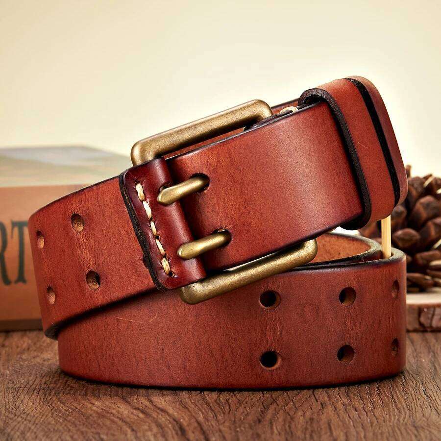 3.8cm Wide Retro Vintage Men's Cowhide Genuine Leather Copper Double Needle Buckle Handmade Cowboy Jeans Belt Z260226