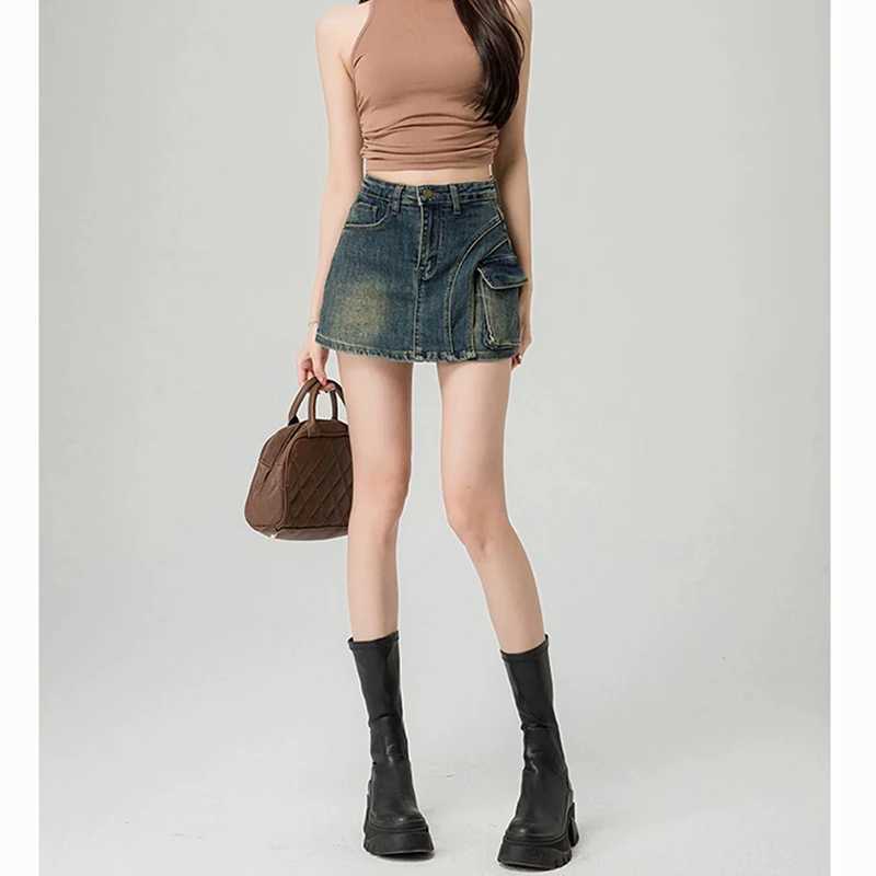 Summer Women Retro Blue High Waist Culottes Lady Thin Wrap Hip A-line Mini Jeans Skirts s Fashion Skinny Denim Dress M260314