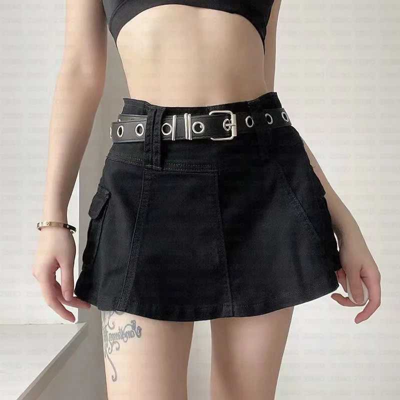 Y2K Solid Color Sexy Charm Pocket Skirt Emo Ruffled Hip Denim Skirt Street Punk Rock College Spice Sweetheart Joker Skirts M260314