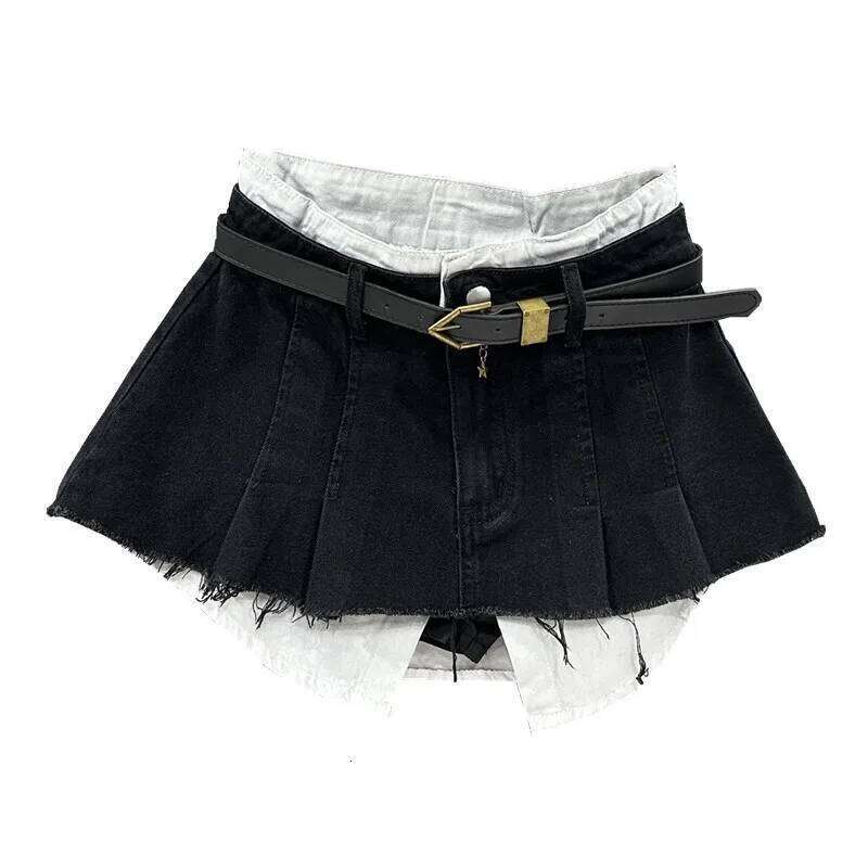 Trend Contrast Color Patchwork Denim Skirt Women Hem Burrs High Waist Loose Wrap Hip Skirts Female 2023 Spring New Z260314