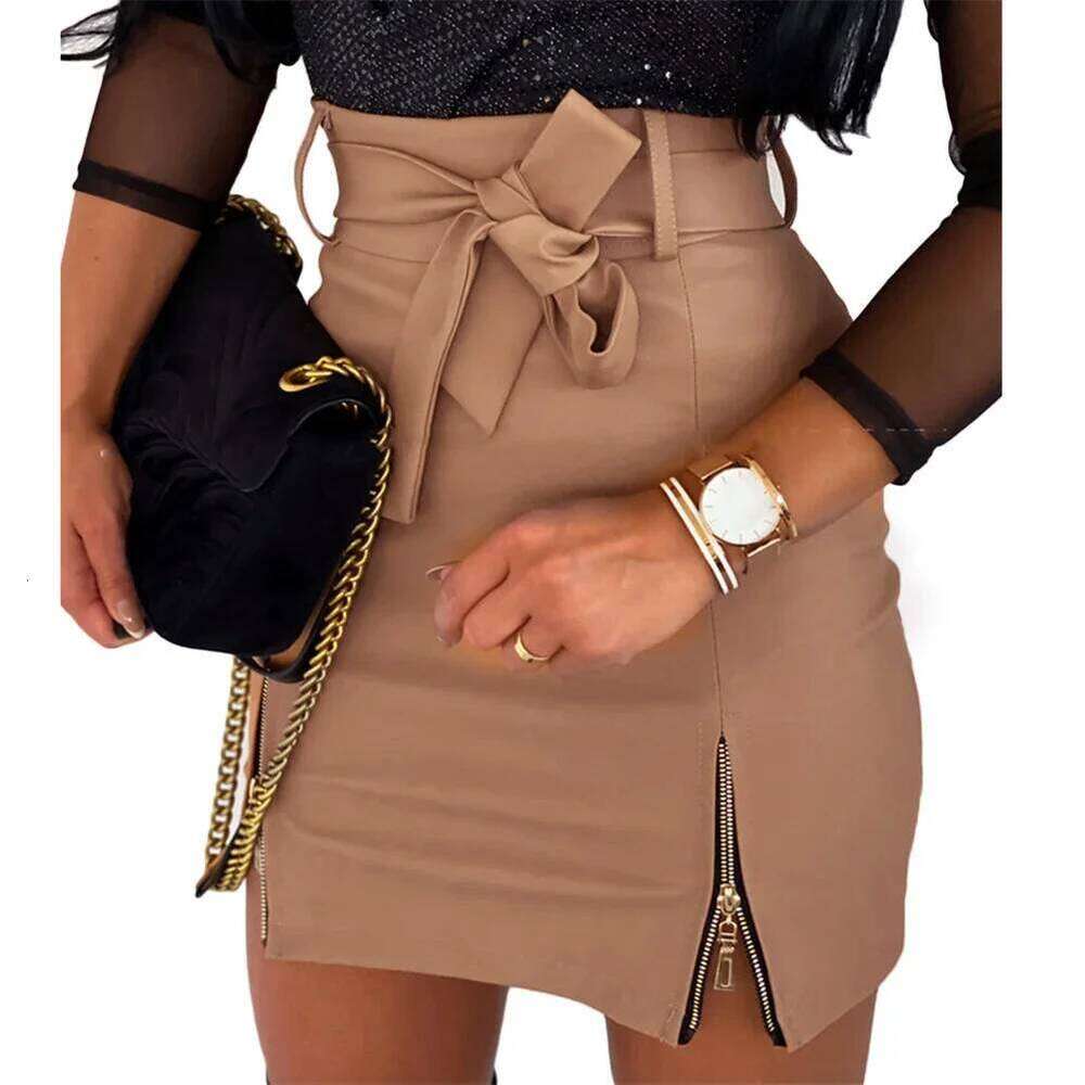 Pencil Black PU Split Sheath Wrap Skirts Faux Leather Zippers High Waist Belt Mini Skirt Z260314