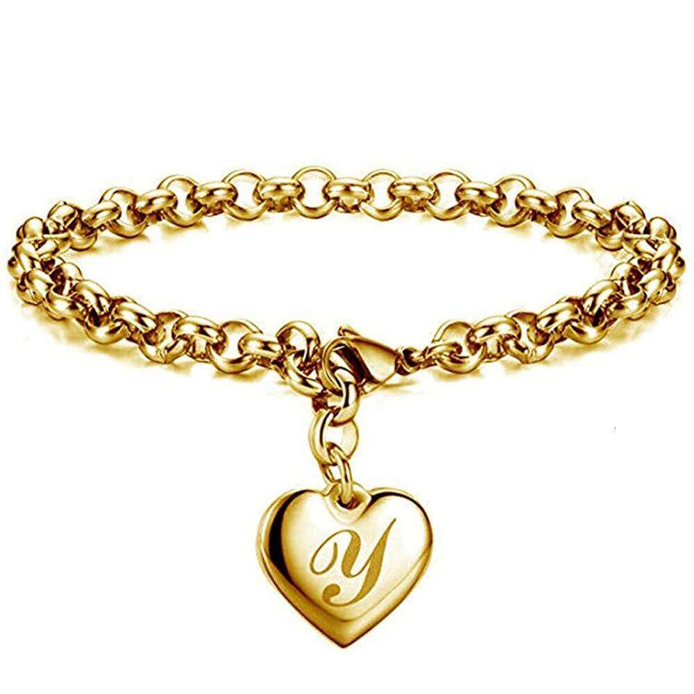 Initial Charm Gold-Color Bracelets Stainless Steel Heart 26 Letters Alphabet Bracelet for Women Girls Kids Gifts Z260313