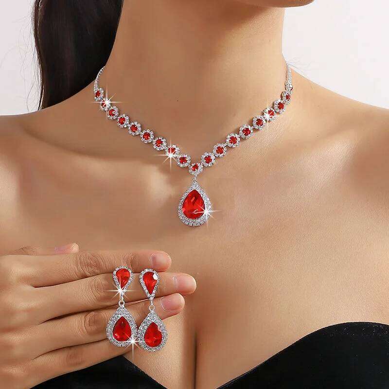 FYUAN Luxury Red Green Blue Crystal Necklace Earrings For Women Water Drop Pendant Wedding Bride Jewelry Sets Z260313