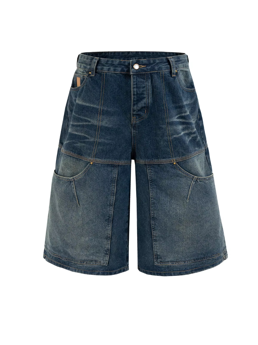 MIJKO Men's and Women's Spring and Summer New Indigo Work Denim Shorts Unisex Washed Vintage Deconstructed Design Trendy TJ169