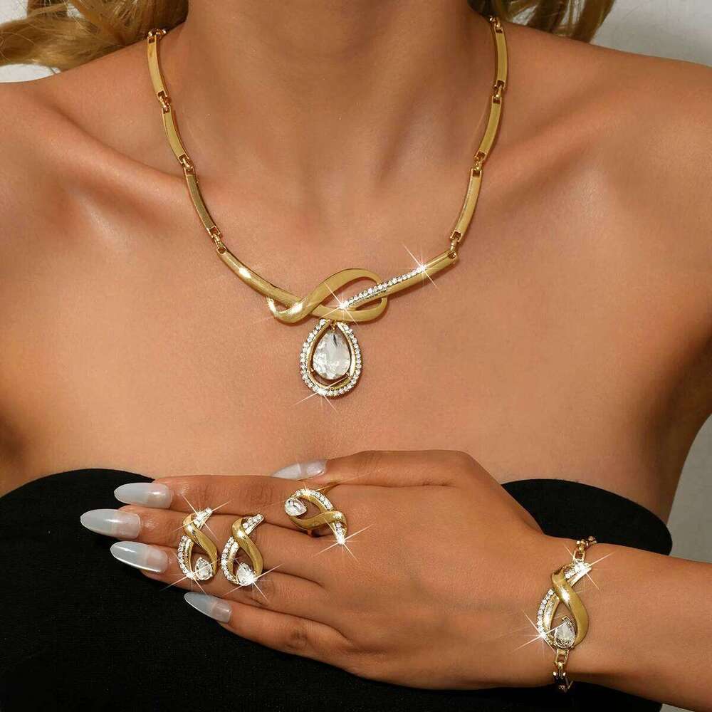 Cross border source fashion personalized alloy full diamond four piece jewelry set, wedding banquet dress, gift accessory Z260313