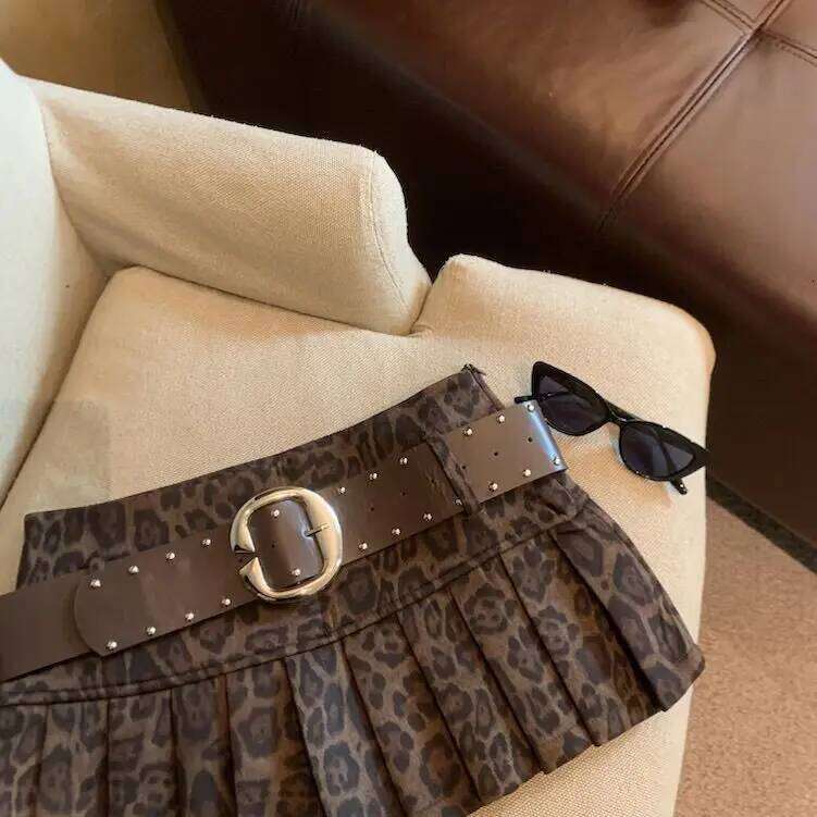 Sexy Leopard Print High Waist Anti-light Pleated Y2k Spice Girl Short Skirt with Belt Z260314