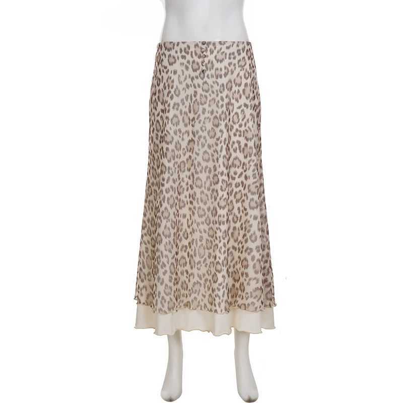 SUCHCUTE Leopard Print Double-Layered Long Skirt for Women Y2K Streetwear Slim Ruffle Hem A-line Skirt Summer Spring Casual New M260314