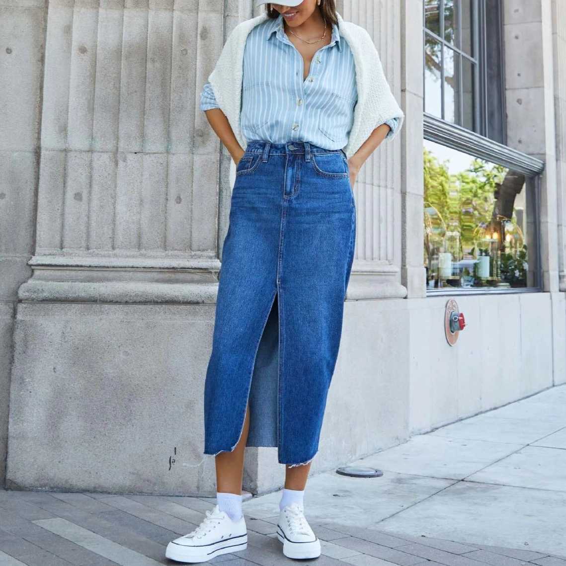 2026 Denim Long Skirt Women Vintage Split Skirts High Waist Washed Distressed Button Pockets Summer Y2k Streetwear A Line Punk M260314