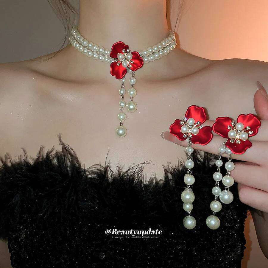 Flower Pearl Necklace Earrings Exquisite Elegance Temperament Jewelry Set Luxury Women Z260313