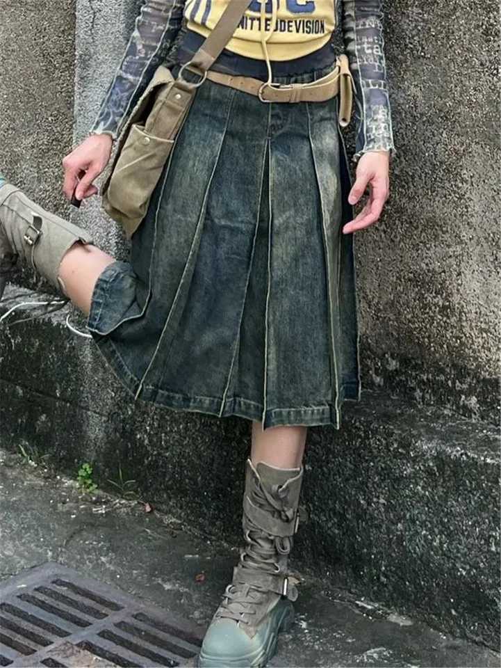 American Style Gothic Denim Skirts Women Streetwear Y2k High Waisted Vintage A- Line Middle Long Dress Trendy Fashionable Skirts M260314