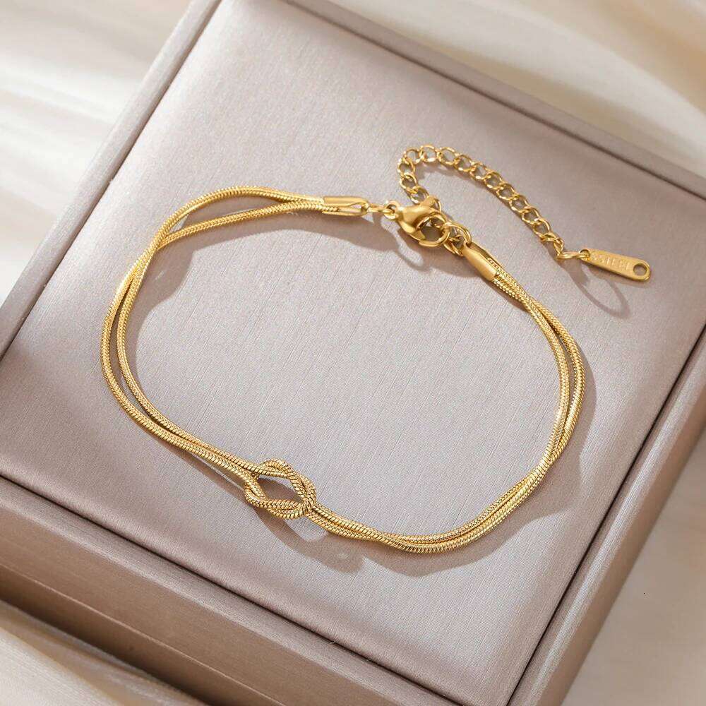 Skyrim Double Snake Chain Love Knot Bracelet Stainless Steel Gold Color Adjustable Bracelets Women Men Couple Minimalist Jewelry Z260313
