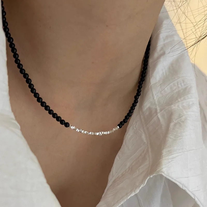 925 Sterling Silver Necklace Black Beads Square Irregular Punk Geometric for Women Girl Jewelry Gift Drop Wholesale 260312