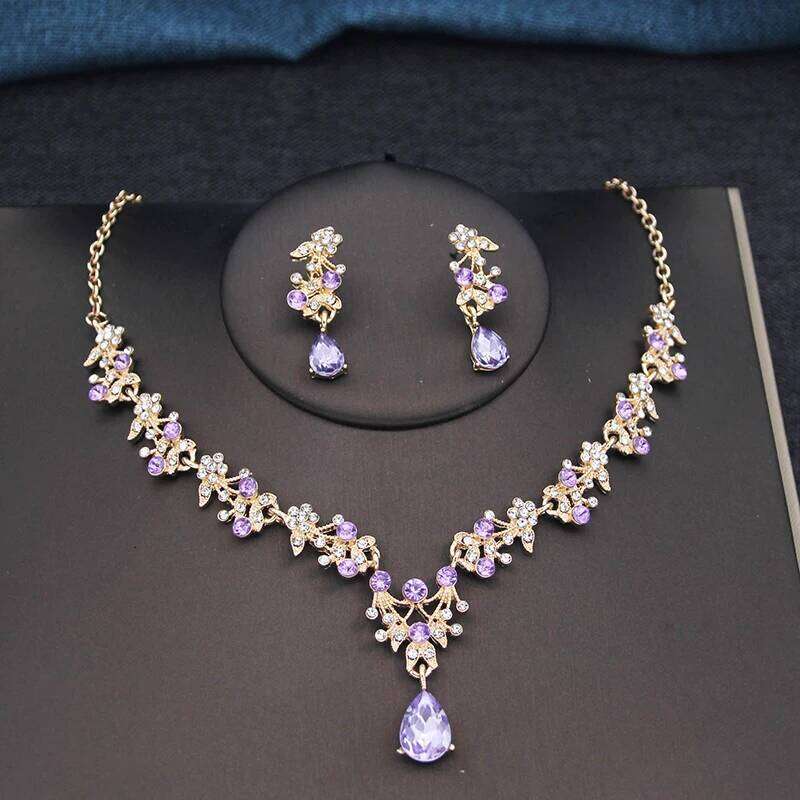 17 Colors Water Drop Purple Bridal Jewelry Sets for Women Party Prom Choker Necklace Earrings Bride Wedding Costume Accessories Z260313