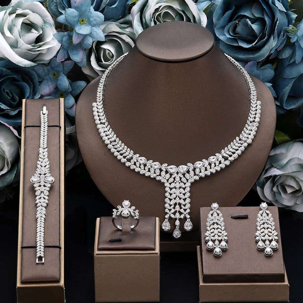 Fancy India Dubai Wedding Jewelry for Women Luxury Cubic Zirconia Necklace Bracelet 4 Pieces Bridal Set Z260313