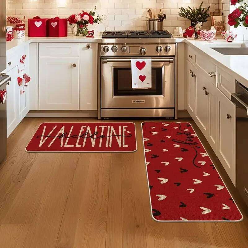 Valentine's Day Heart Themed Crystal Velvet Kitchen Mat Decorative Stain Resistant And Easy To Clean Entryway Doormat