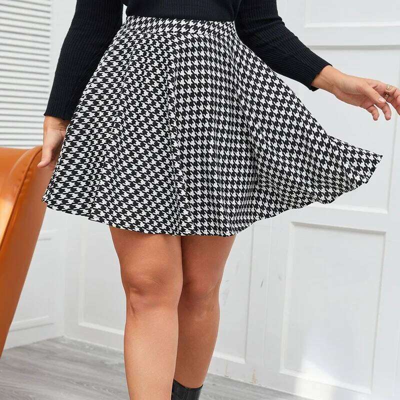 Plus Black And White Houndstooth Print Summer Elegant Flared Women Elastic Waist Casual Mini Skirt Large Size 6XL 7XL Z260314
