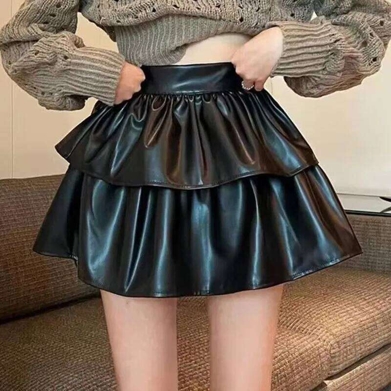 2023 Spring Summer White Black Leather Women Mini Female High Waist Pleated A-line Short Skirt Teenage Girl Skirts Z260314