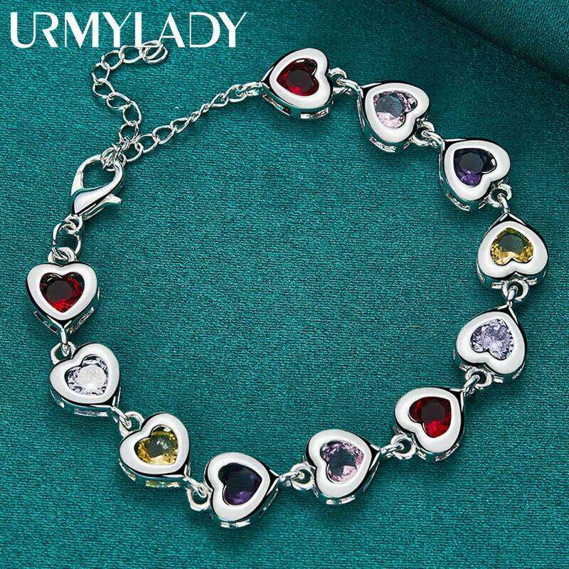 URMYLADY 925 Sterling Silver Heart inlaid With Multi-color AAA Zircon Chain Bracelet For Woman Wedding Engagement Party Jewelry Z260313