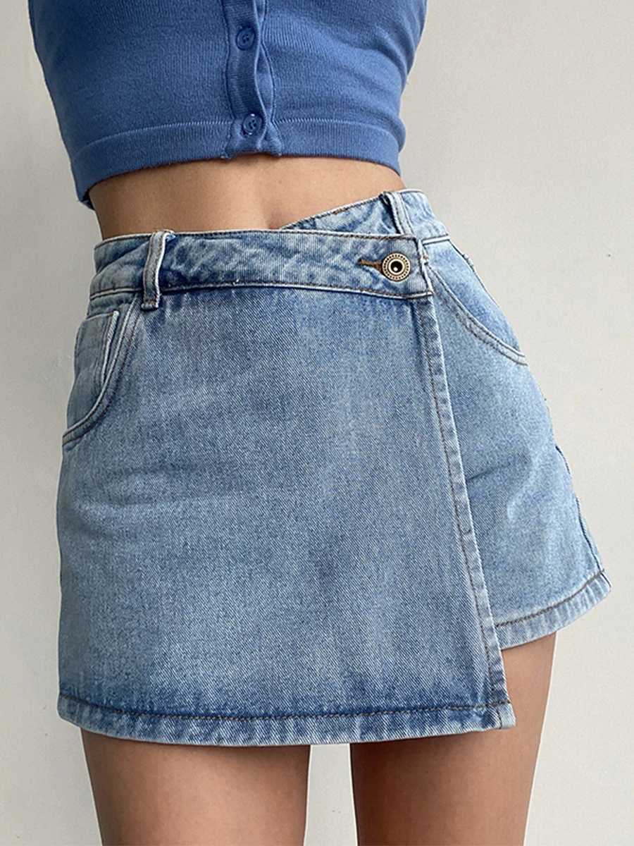 High Waist A-Line Skirt Jeans Womens plus Size Summer Faion Anti-Light Uneven Hemline Commute Korean Sle M260314