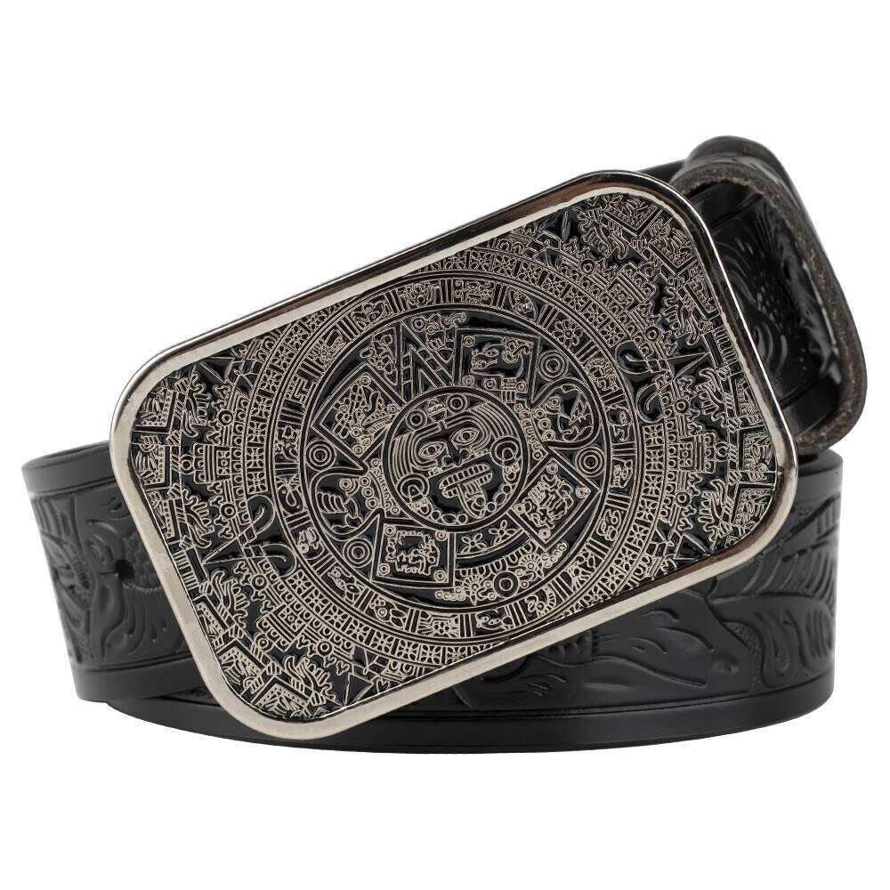 Aztec Calendar Alloy Buckle Eembossed Leather Belt Leisure Fashion Z260226