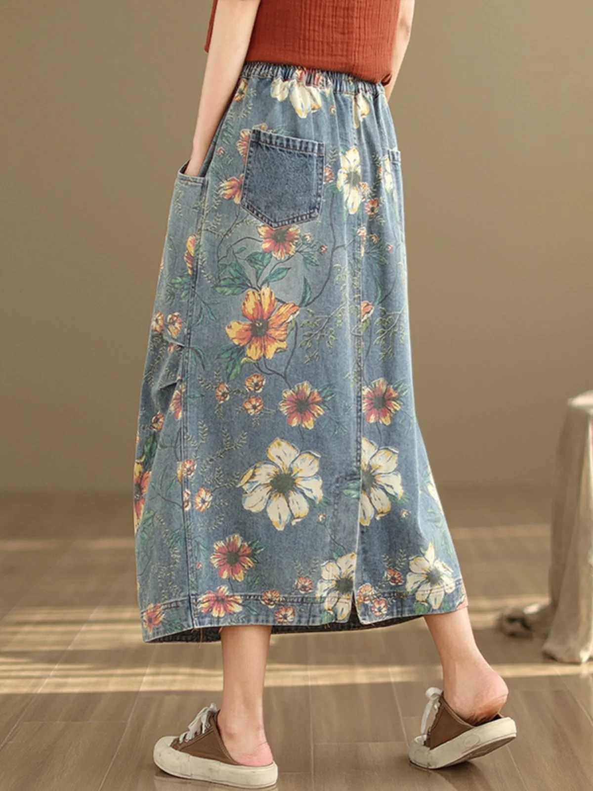 Elastic Waist Denim Skirt Womens Spring Summer New Sle Artistic Retro Loose Casual Print Splicing Mid-Length Skirt M260314