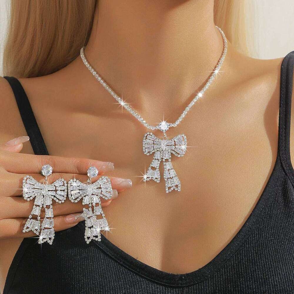 Women's fashionable zircon bow jewelry set, designed with light luxury style and high-end feel as a first accessory Z260313