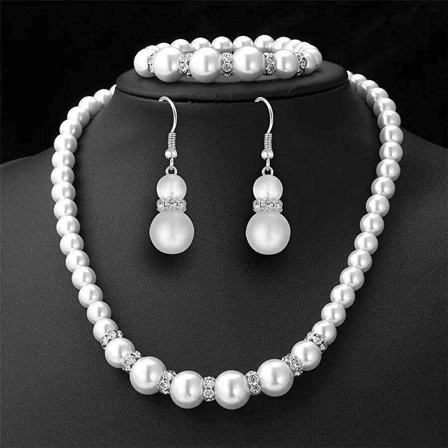 4pcs/Set Faux Pearl Jewelry Set with Necklace Bracelet,Pearl-Shaped Bracelet And Simple Gold-Tone Earrings for Women Z260313