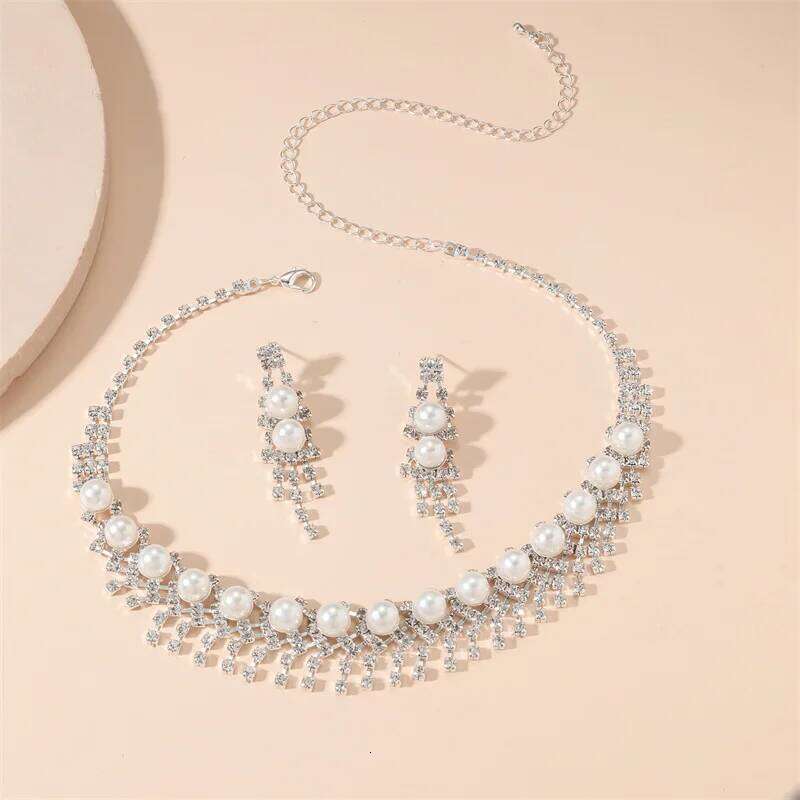 FYUAN New Style Geometric Rhinestone Earrings For Women Pearl Necklace Wedding Bride Jewelry Sets Accessories Z260313